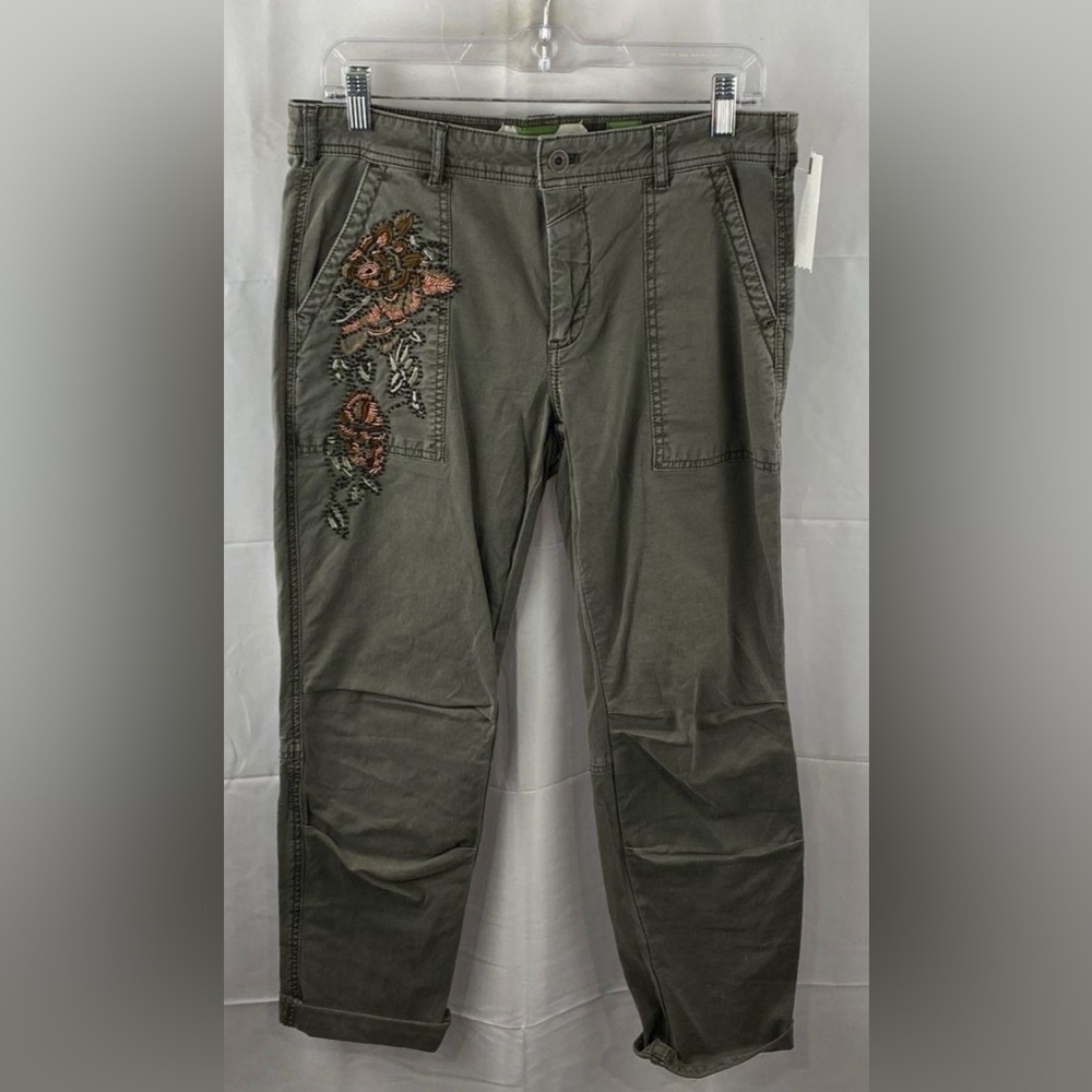 Anthropologie Olive Green Embroidered Floral Cargo Pants straight leg sz 6 / 28